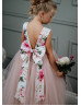 Floral Printed Satin Tulle V Back Flower Girl Dress